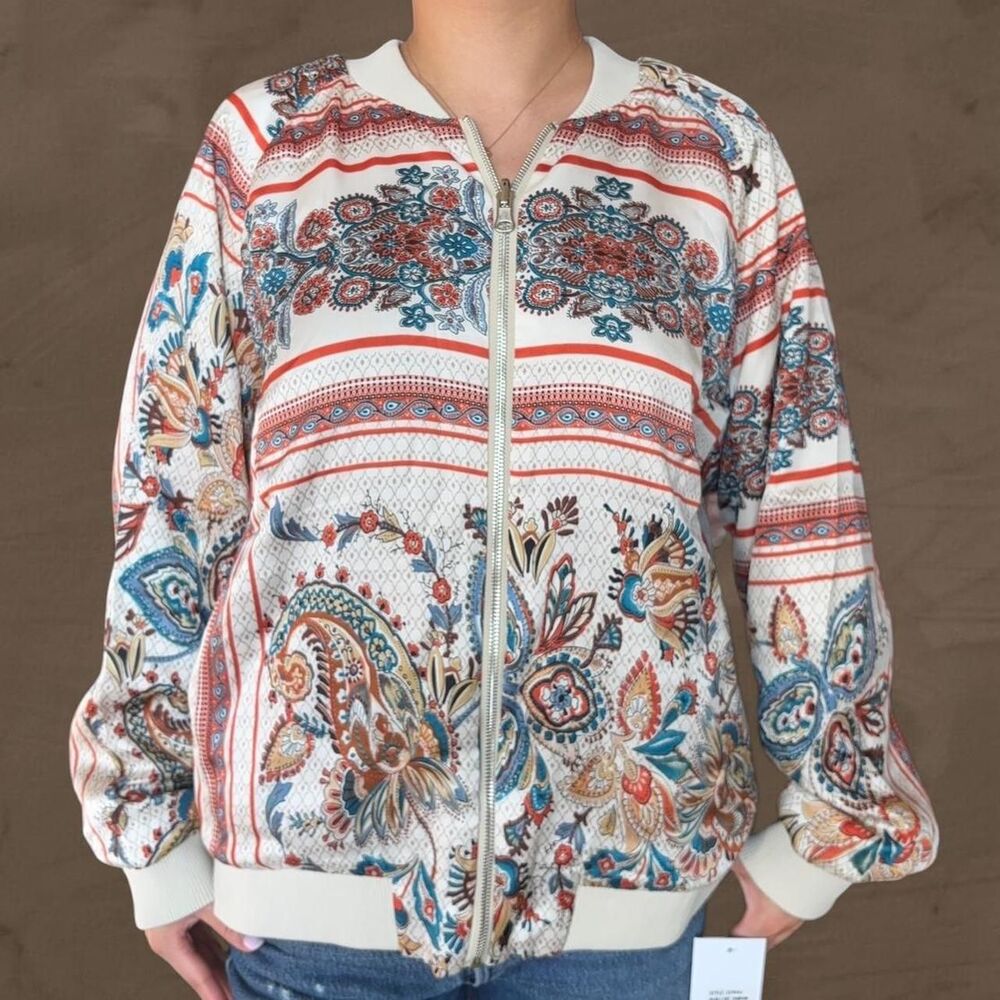 Blue Reversible Satin Paisley Bomber Jacket size large champagne